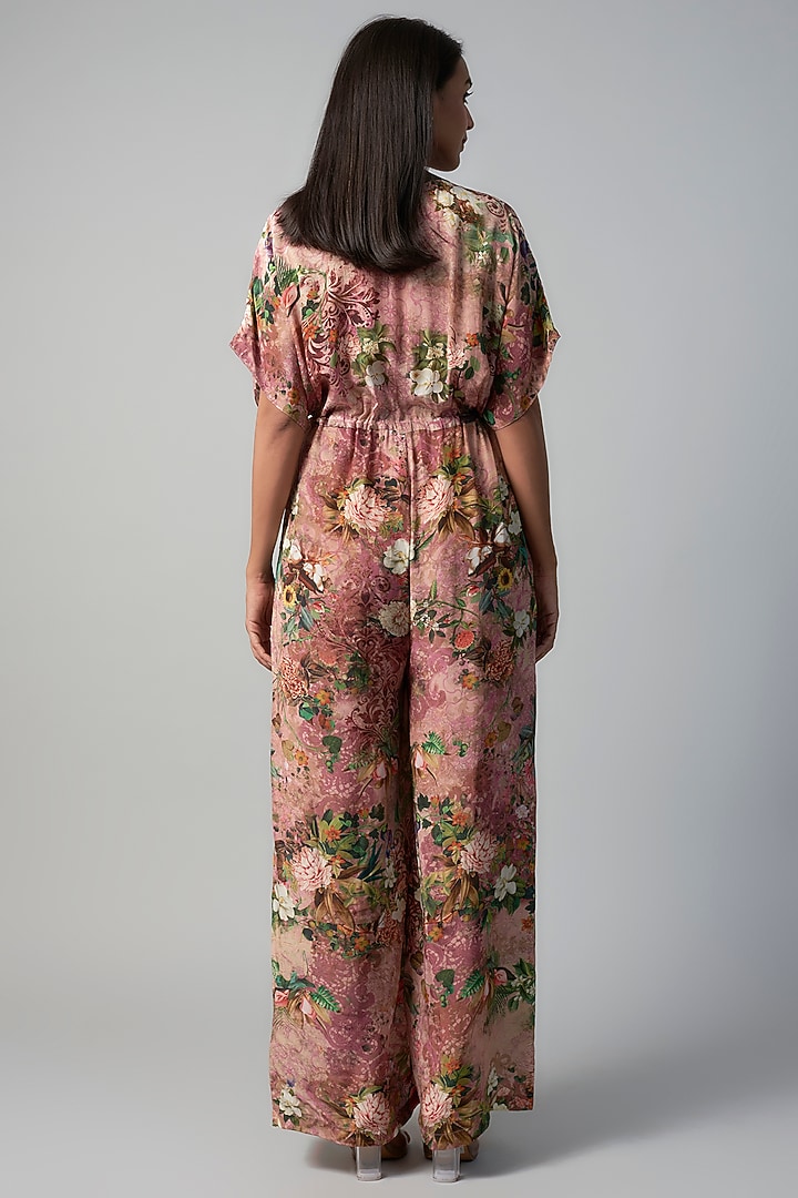 Pink Polyester Crepe Botanical Printed Jumpsuit by Rocky Star at Pernia's Pop Up Shop