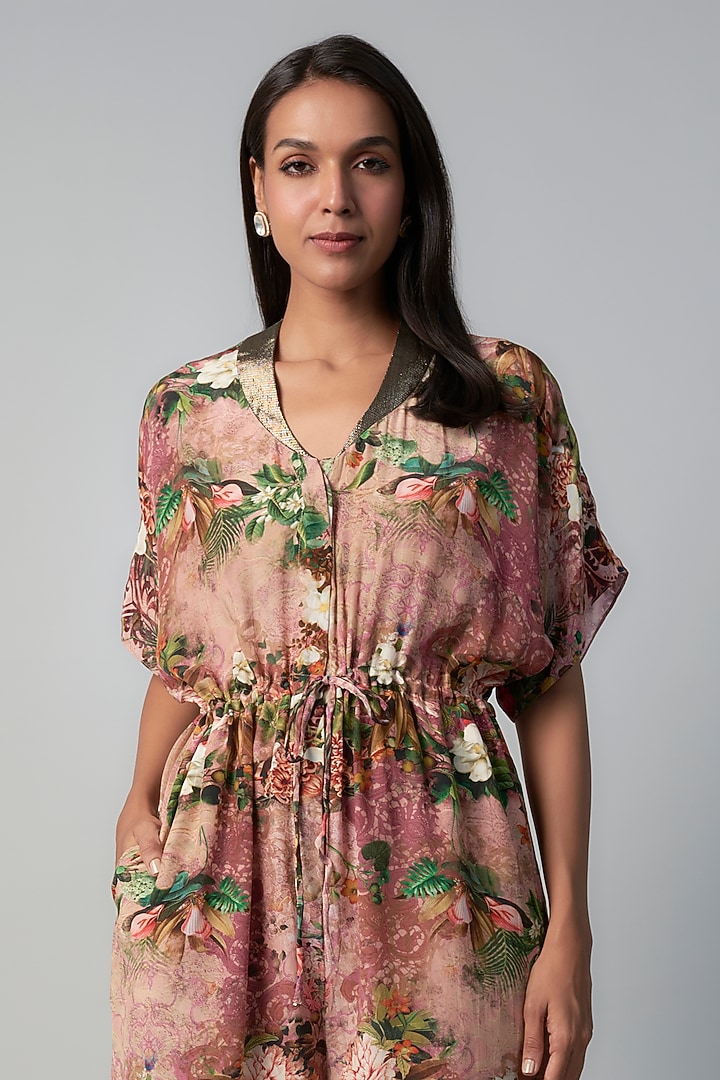 Pink Polyester Crepe Botanical Printed Jumpsuit by Rocky Star at Pernia's Pop Up Shop