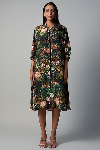 Black Polyester Crepe Botanical Printed Tunic by Rocky Star