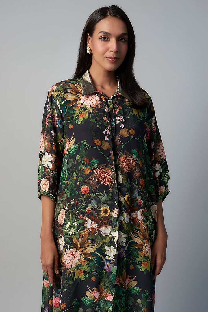 Black Polyester Crepe Botanical Printed Tunic by Rocky Star at Pernia's Pop Up Shop