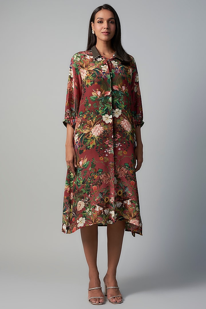 Wine Polyester Crepe Botanical Printed Tunic by Rocky Star at Pernia's Pop Up Shop