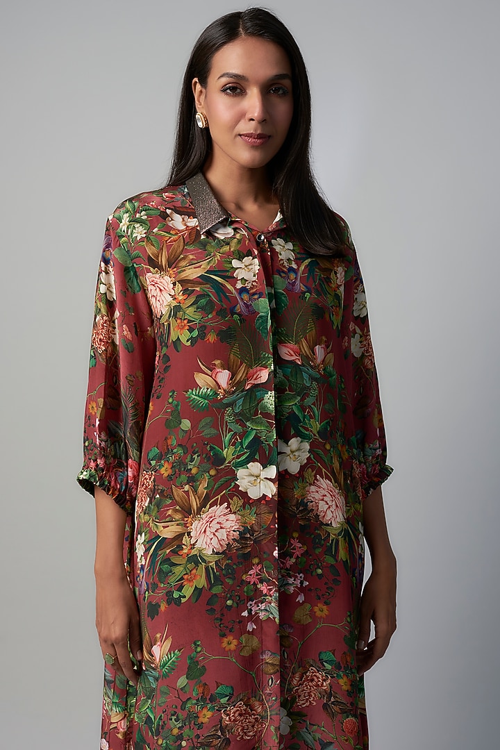 Wine Polyester Crepe Botanical Printed Tunic by Rocky Star at Pernia's Pop Up Shop