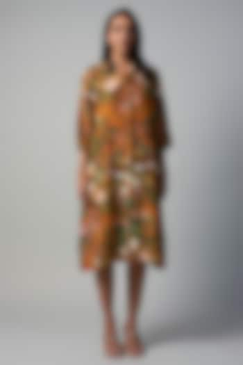 Rust Polyester Crepe Botanical Printed Tunic by Rocky Star at Pernia's Pop Up Shop