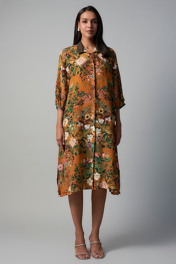 Rust Polyester Crepe Botanical Printed Tunic by Rocky Star at Pernia's Pop Up Shop