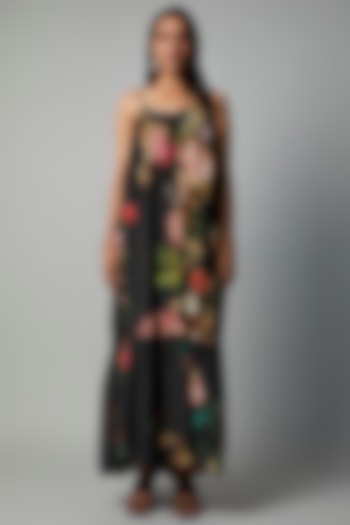 Black Polyester Crepe Botanical Printed Maxi Dress by Rocky Star at Pernia's Pop Up Shop