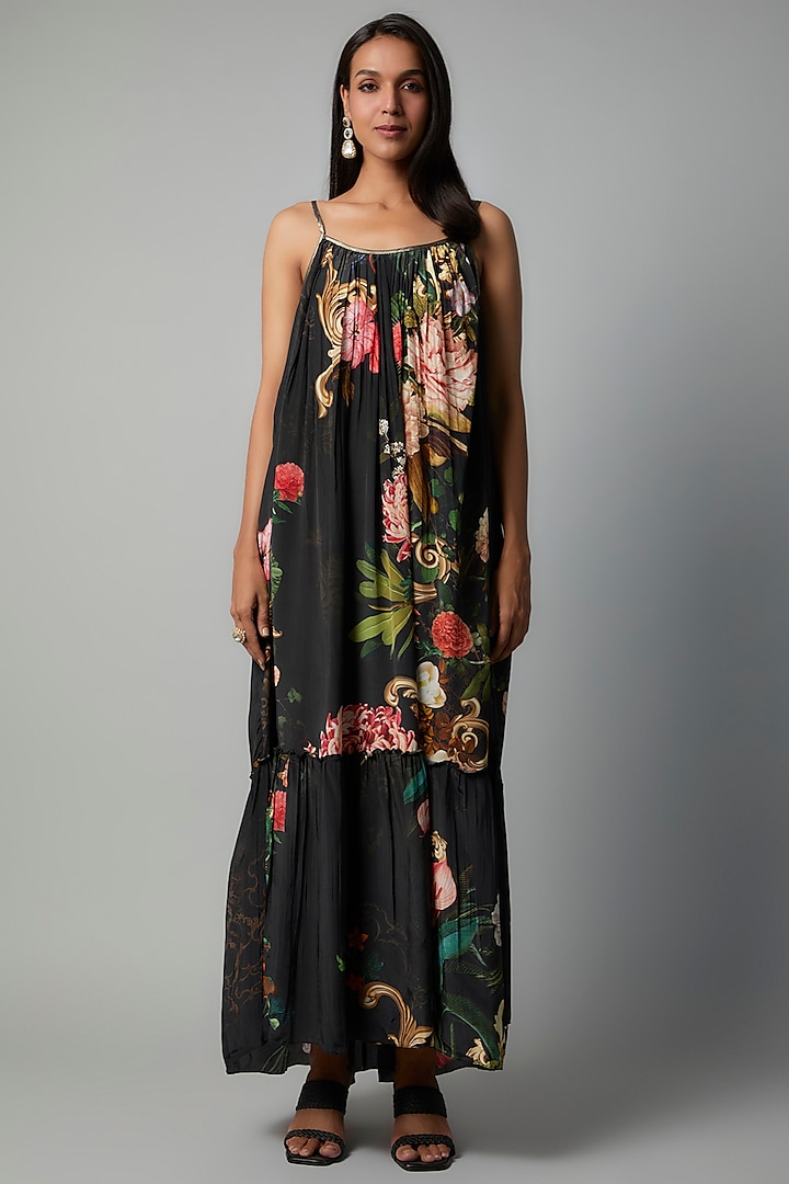 Black Polyester Crepe Botanical Printed Maxi Dress by Rocky Star at Pernia's Pop Up Shop