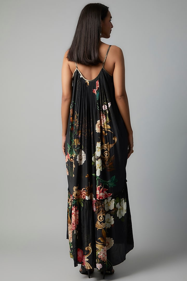 Black Polyester Crepe Botanical Printed Maxi Summer Dress by Rocky Star at Pernia's Pop Up Shop