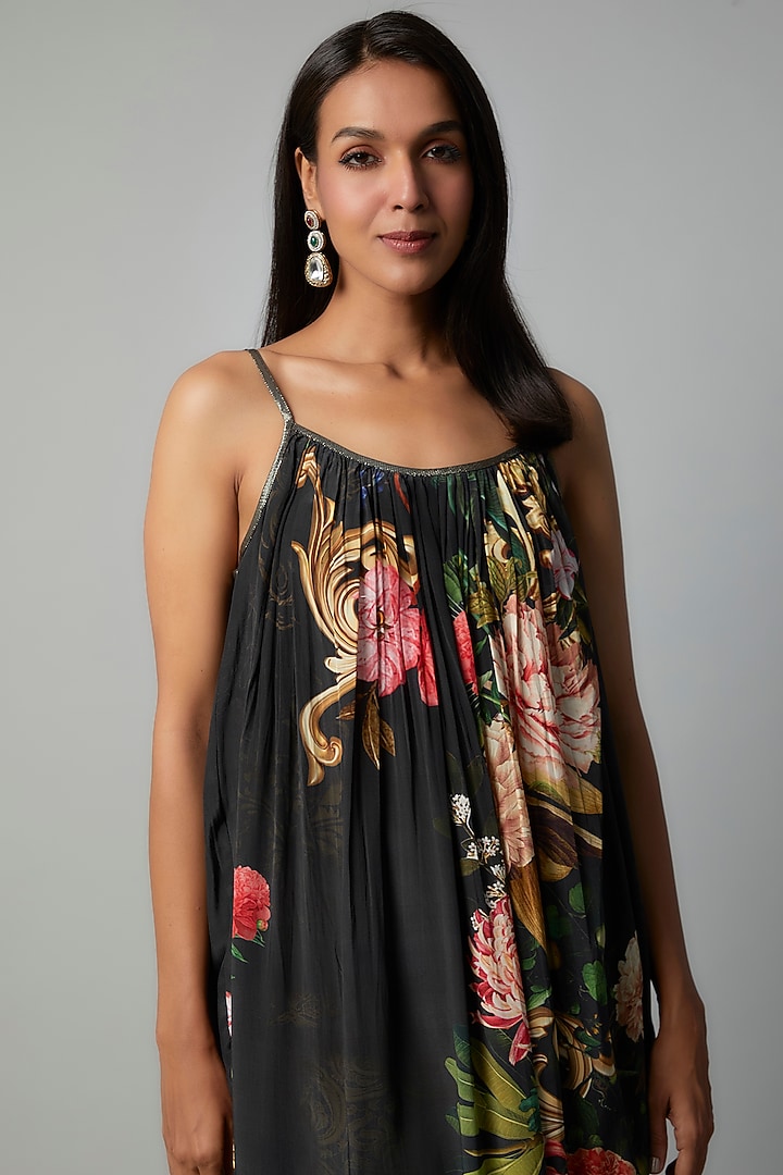 Black Polyester Crepe Botanical Printed Maxi Summer Dress by Rocky Star at Pernia's Pop Up Shop