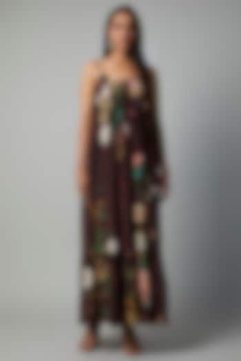 Wine Polyester Crepe Botanical Printed Maxi Dress by Rocky Star at Pernia's Pop Up Shop