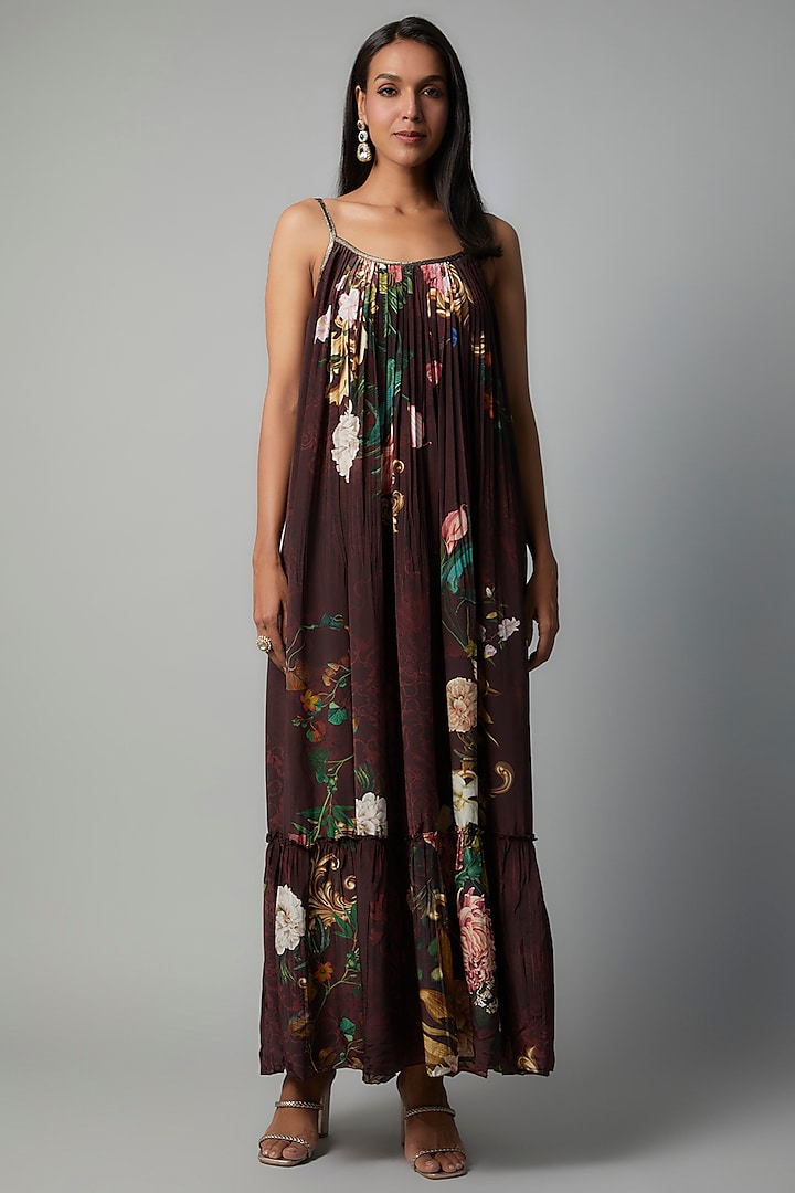 Wine Polyester Crepe Botanical Printed Maxi Dress by Rocky Star at Pernia's Pop Up Shop