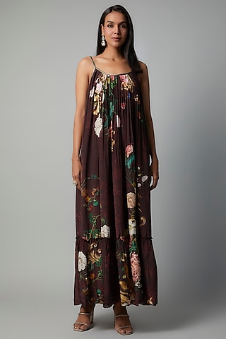 Wine Polyester Crepe Botanical Printed Maxi Dress by Rocky Star
