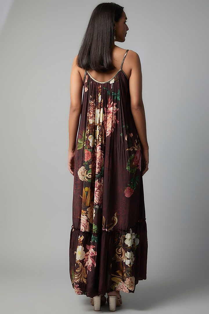 Wine Polyester Crepe Botanical Printed Maxi Summer Dress by Rocky Star at Pernia's Pop Up Shop