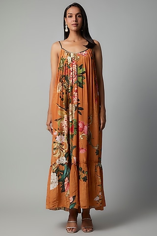 Rust Polyester Crepe Botanical Printed Maxi Dress by Rocky Star