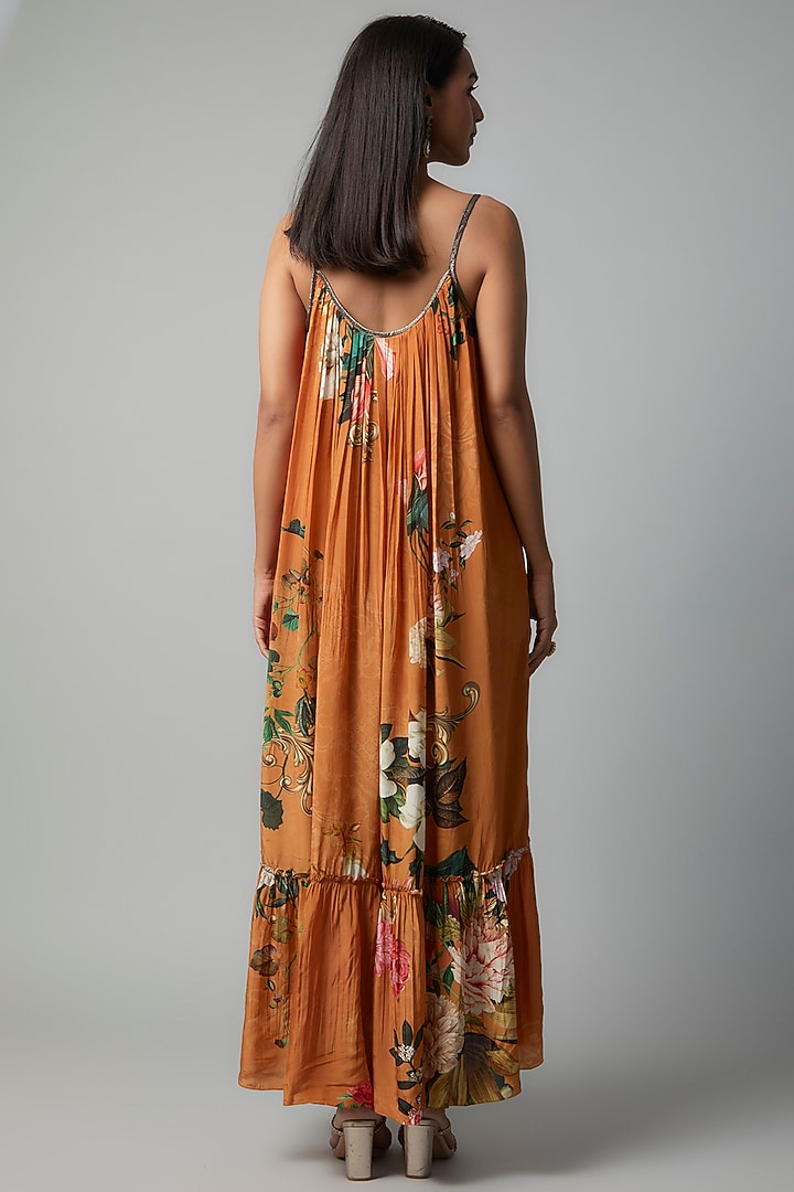 Rust Polyester Crepe Botanical Printed Maxi Summer Dress by Rocky Star at Pernia's Pop Up Shop
