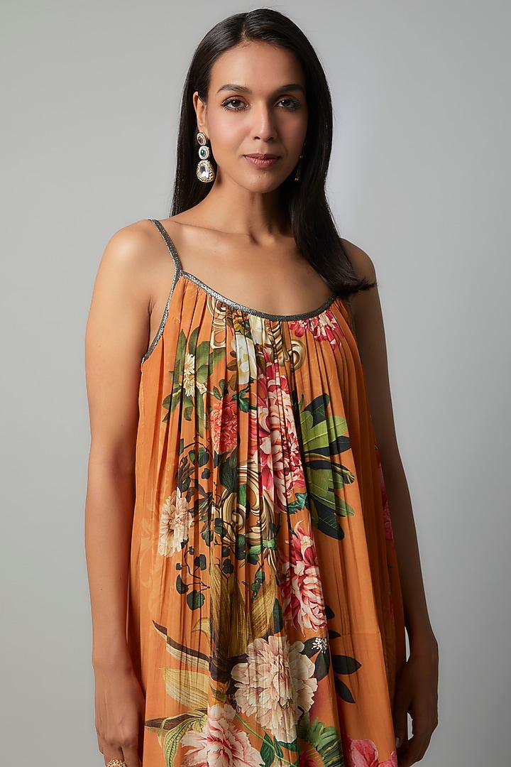 Rust Polyester Crepe Botanical Printed Maxi Summer Dress by Rocky Star at Pernia's Pop Up Shop