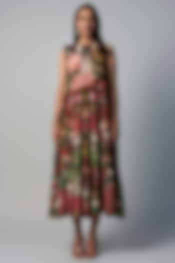 Wine Polyester Crepe Botanical Printed Midi Dress by Rocky Star at Pernia's Pop Up Shop