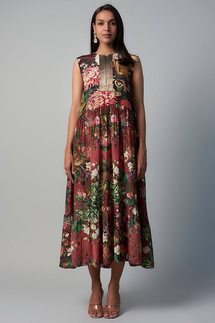 Wine Polyester Crepe Botanical Printed Midi Dress by Rocky Star at Pernia's Pop Up Shop