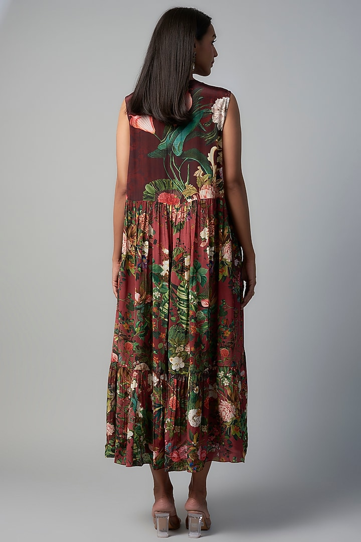 Wine Polyester Crepe Botanical Printed Midi Vacation Dress by Rocky Star at Pernia's Pop Up Shop