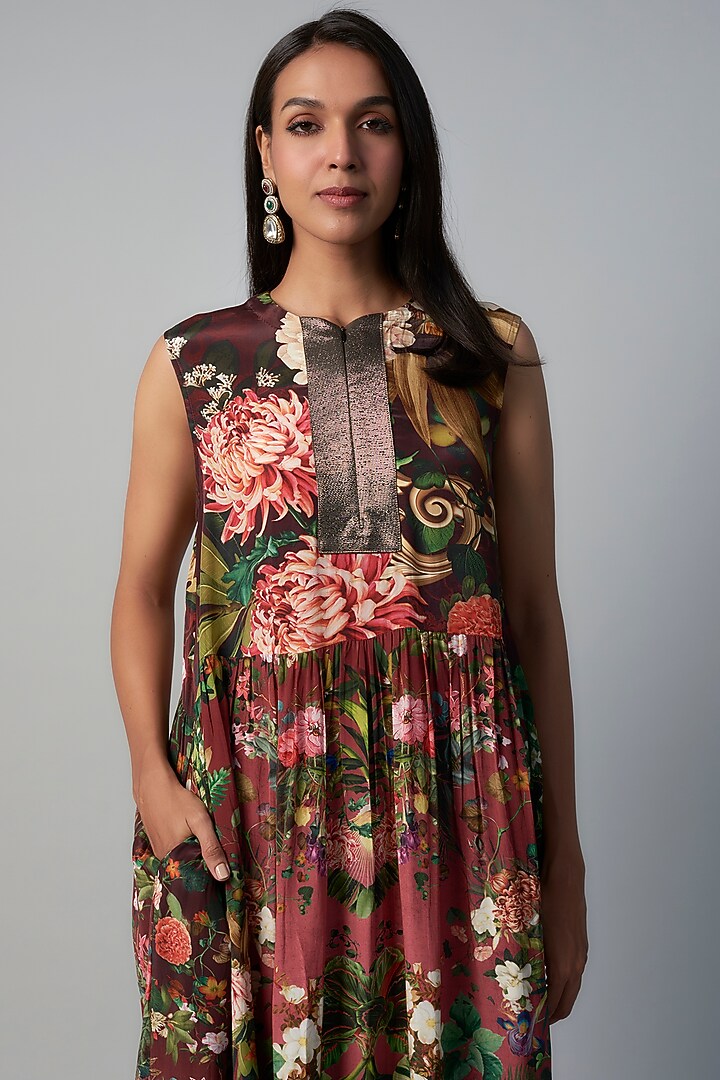 Wine Polyester Crepe Botanical Printed Midi Vacation Dress by Rocky Star at Pernia's Pop Up Shop