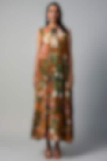 Rust Polyester Crepe Botanical Printed Midi Dress by Rocky Star at Pernia's Pop Up Shop