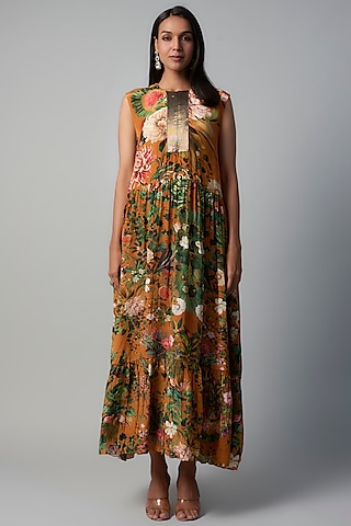 Rust Polyester Crepe Botanical Printed Midi Dress by Rocky Star