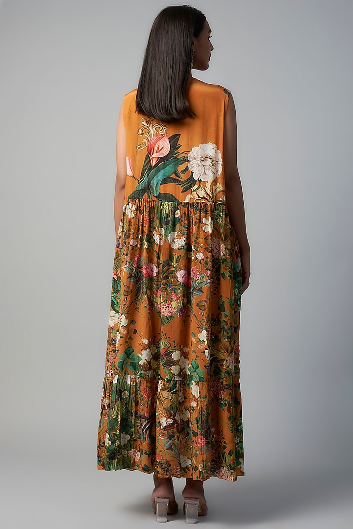 Rust Polyester Crepe Botanical Printed Midi Vacation Dress by Rocky Star at Pernia's Pop Up Shop