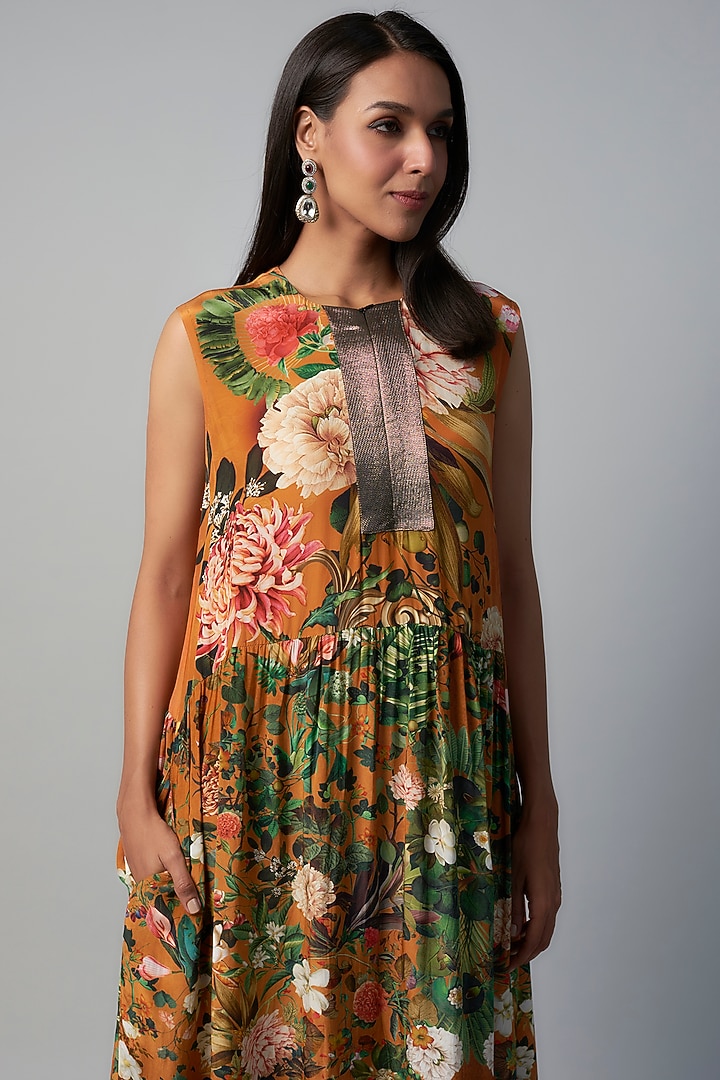 Rust Polyester Crepe Botanical Printed Midi Vacation Dress by Rocky Star at Pernia's Pop Up Shop