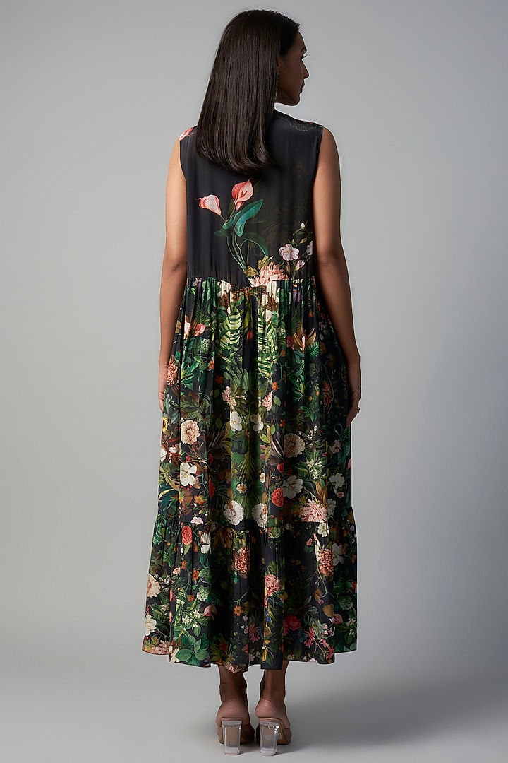 Black Polyester Crepe Botanical Printed Midi Vacation Dress by Rocky Star at Pernia's Pop Up Shop