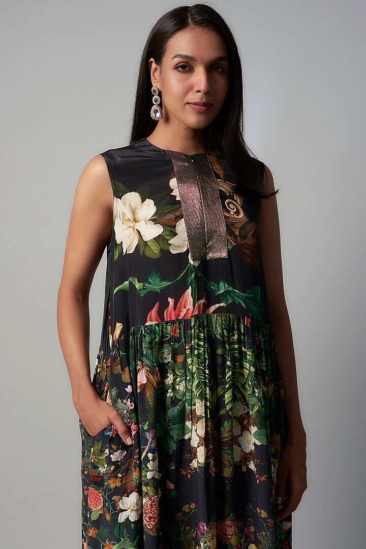 Black Polyester Crepe Botanical Printed Midi Vacation Dress by Rocky Star at Pernia's Pop Up Shop