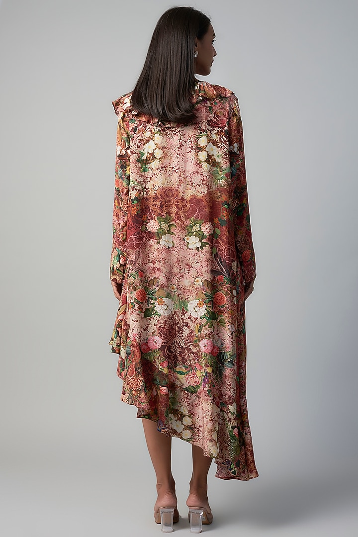 Peach Polyester Crepe Botanical Printed Ruffled Vacation Dress by Rocky Star at Pernia's Pop Up Shop