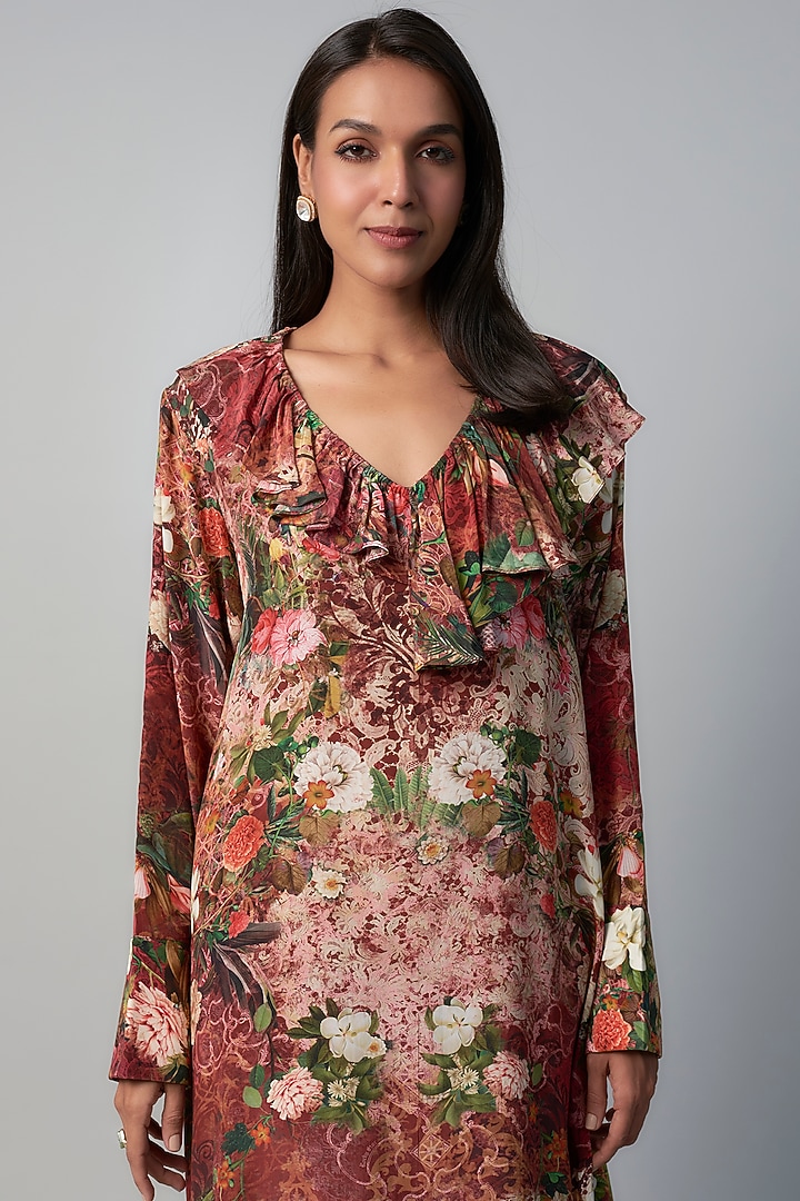 Peach Polyester Crepe Botanical Printed Ruffled Vacation Dress by Rocky Star at Pernia's Pop Up Shop