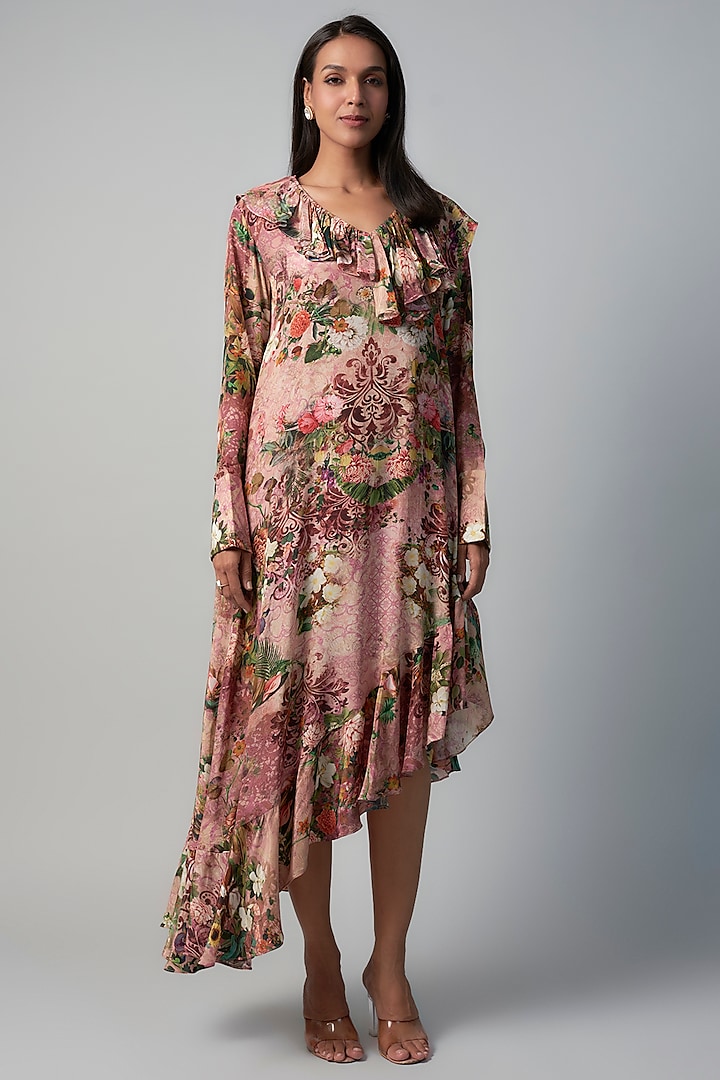 Pink Polyester Crepe Botanical Printed Ruffled Dress by Rocky Star
