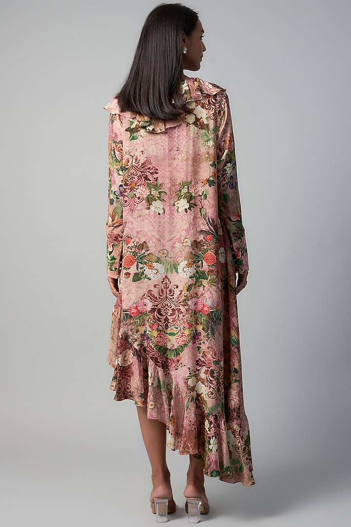 Pink Polyester Crepe Botanical Printed Ruffled Vacation Dress by Rocky Star at Pernia's Pop Up Shop