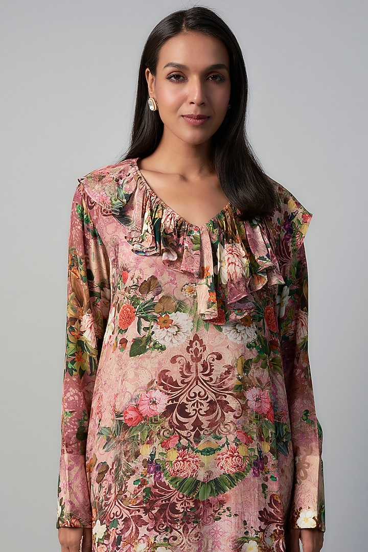 Pink Polyester Crepe Botanical Printed Ruffled Vacation Dress by Rocky Star at Pernia's Pop Up Shop
