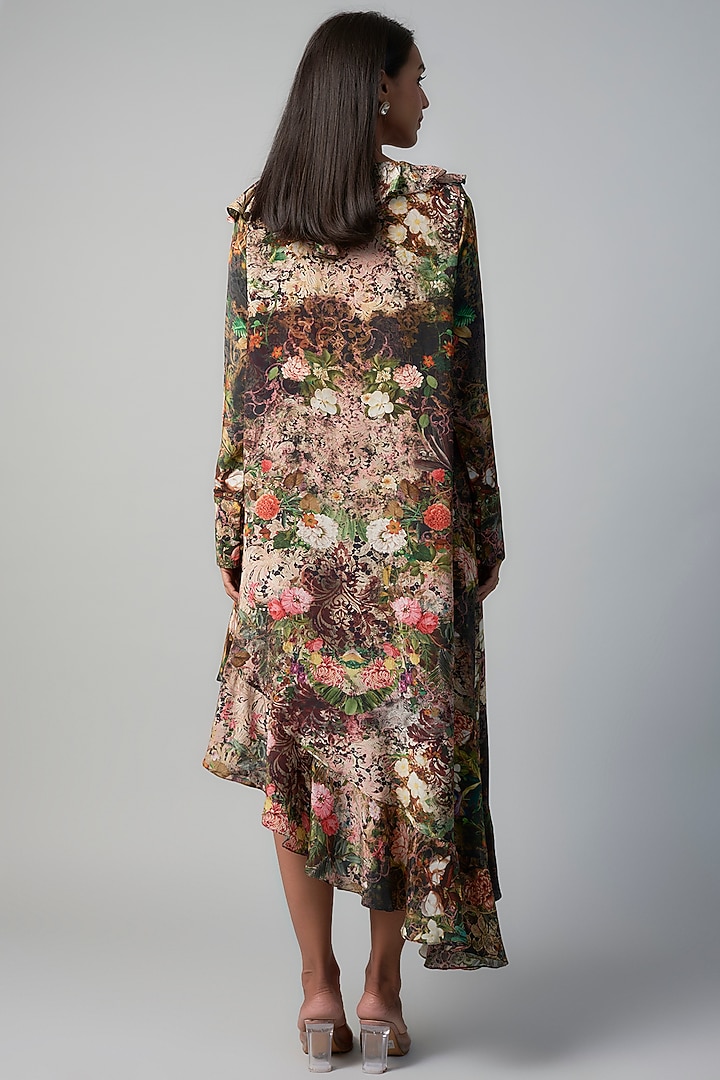 Black Polyester Crepe Botanical Printed Ruffled Vacation Dress by Rocky Star at Pernia's Pop Up Shop