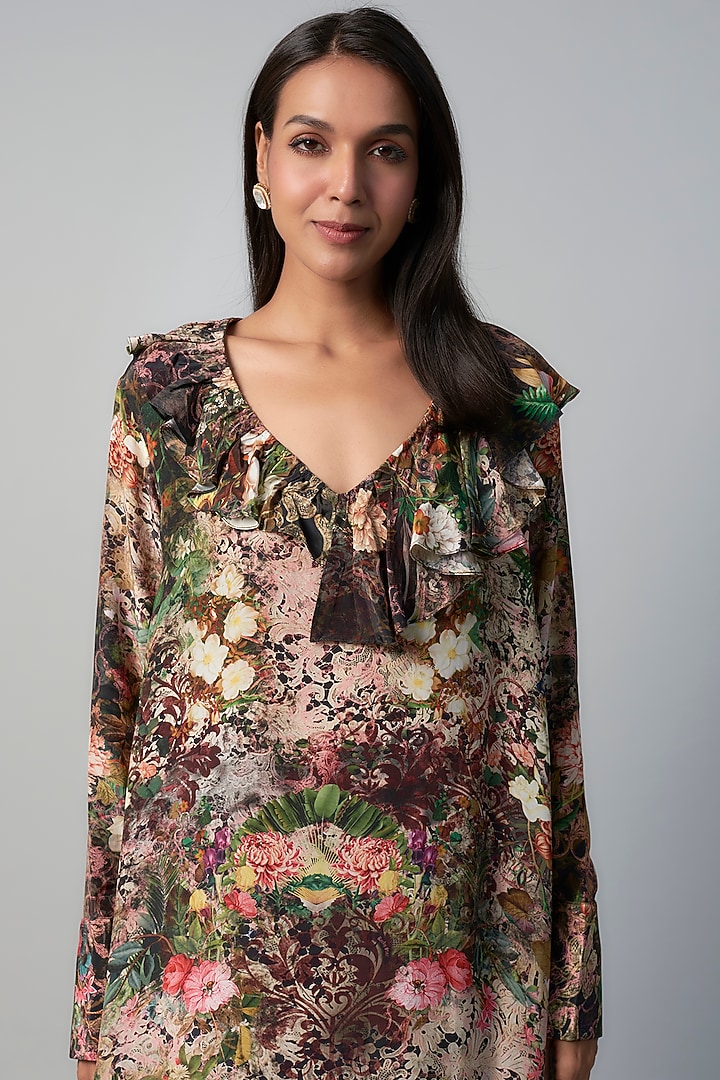 Black Polyester Crepe Botanical Printed Ruffled Vacation Dress by Rocky Star at Pernia's Pop Up Shop