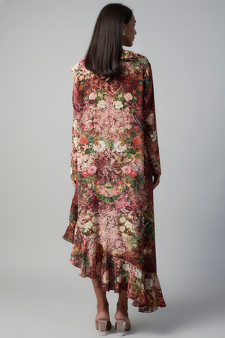Wine Polyester Crepe Botanical Printed Ruffled Vacation Dress by Rocky Star at Pernia's Pop Up Shop
