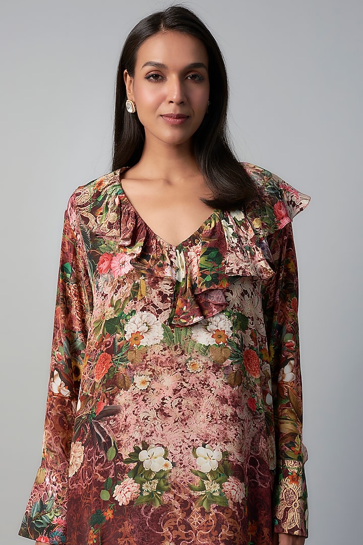Wine Polyester Crepe Botanical Printed Ruffled Vacation Dress by Rocky Star at Pernia's Pop Up Shop