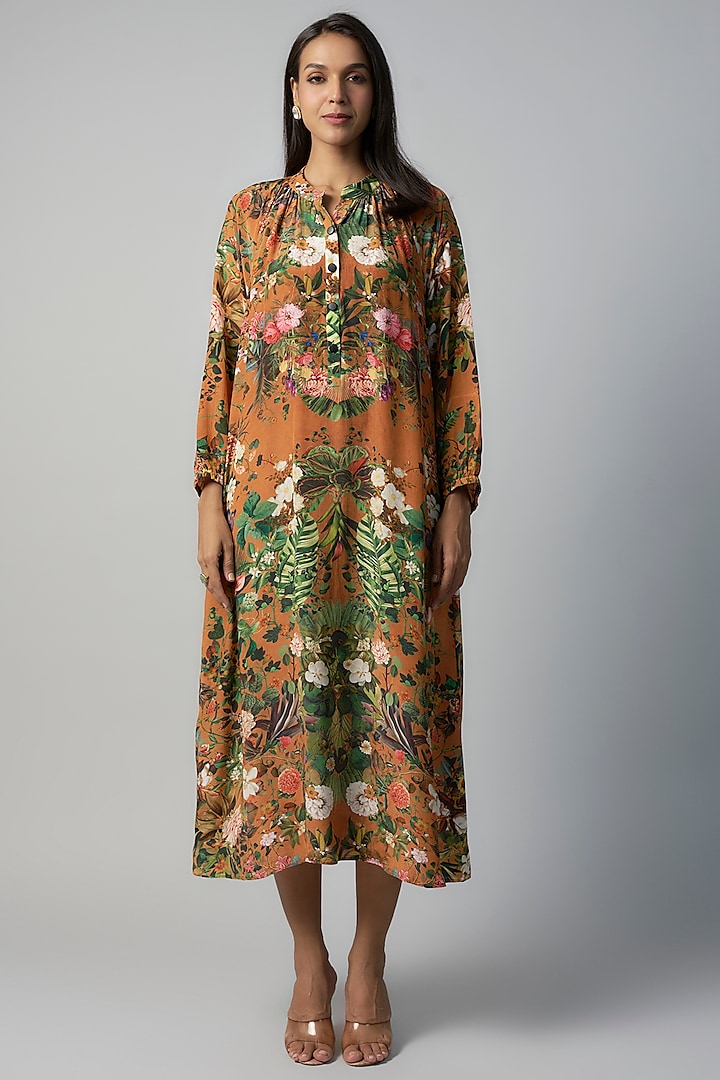 Rust Polyester Crepe Botanical Printed Midi Dress by Rocky Star at Pernia's Pop Up Shop