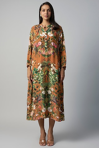 Rust Polyester Crepe Botanical Printed Midi Dress by Rocky Star