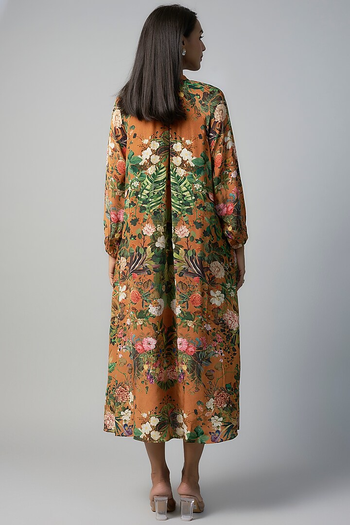 Rust Polyester Crepe Botanical Printed Midi Vacation Dress by Rocky Star at Pernia's Pop Up Shop
