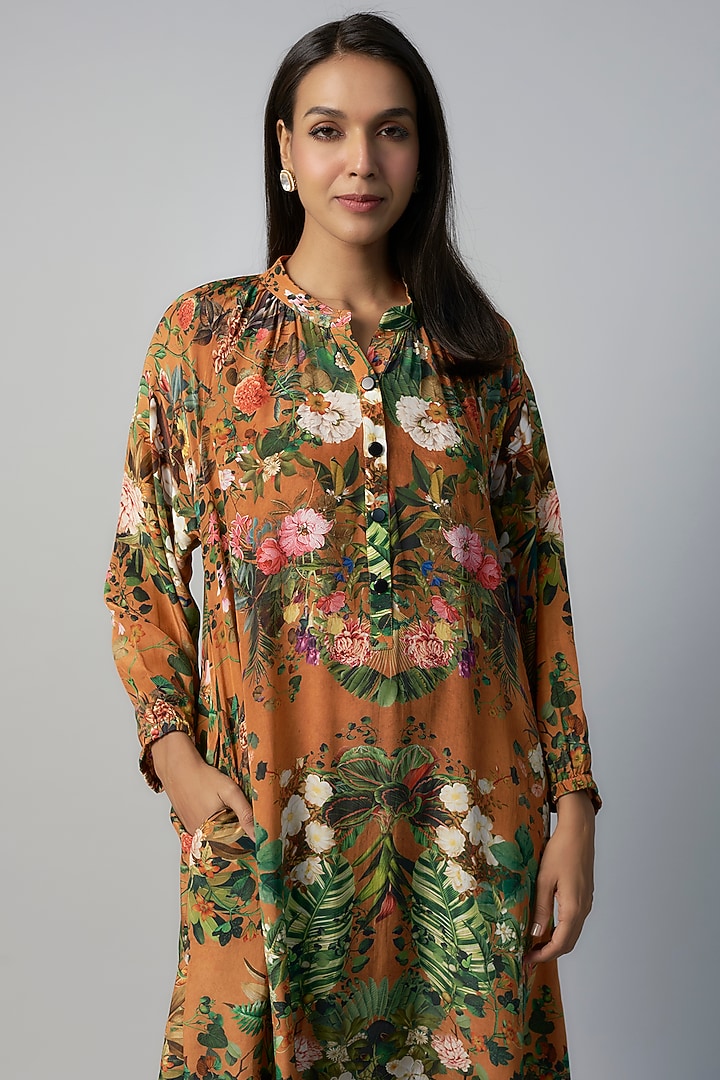 Rust Polyester Crepe Botanical Printed Midi Vacation Dress by Rocky Star at Pernia's Pop Up Shop