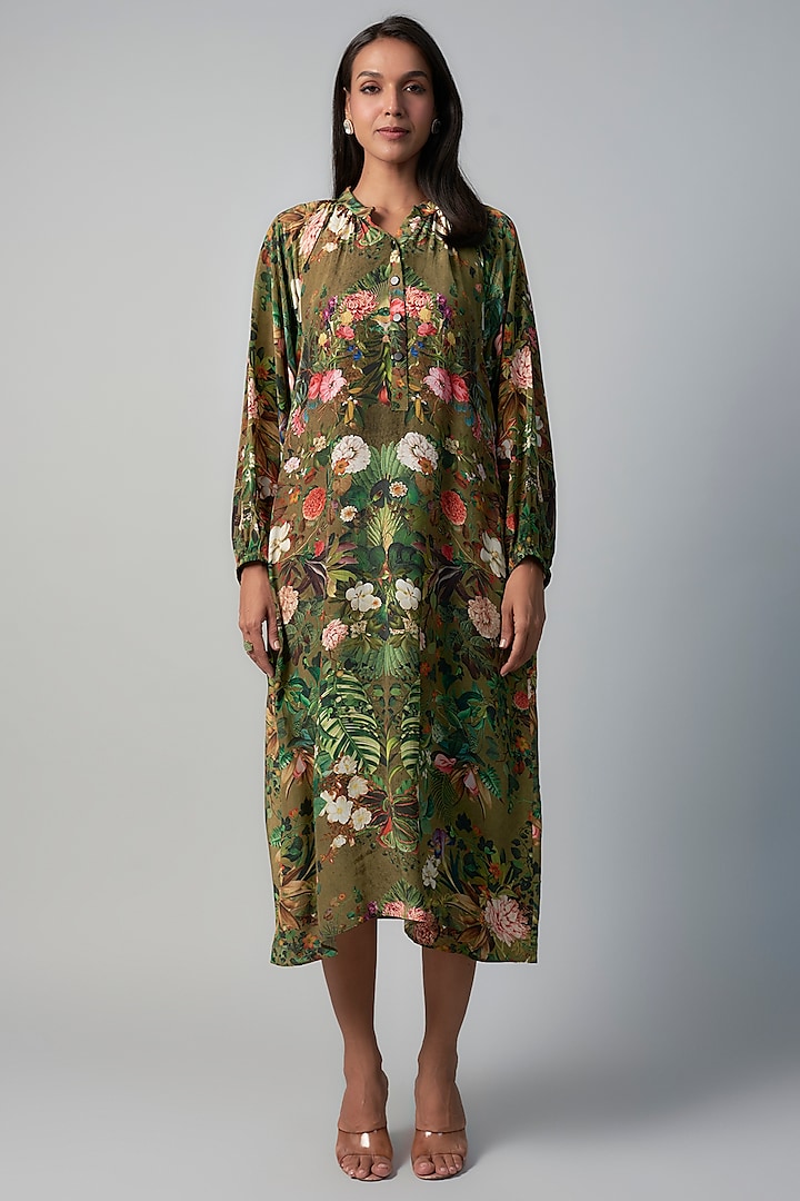 Olive Polyester Crepe Botanical Printed Midi Dress by Rocky Star at Pernia's Pop Up Shop