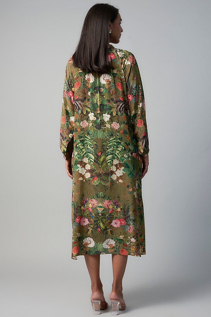 Olive Polyester Crepe Botanical Printed Midi Vacation Dress by Rocky Star at Pernia's Pop Up Shop