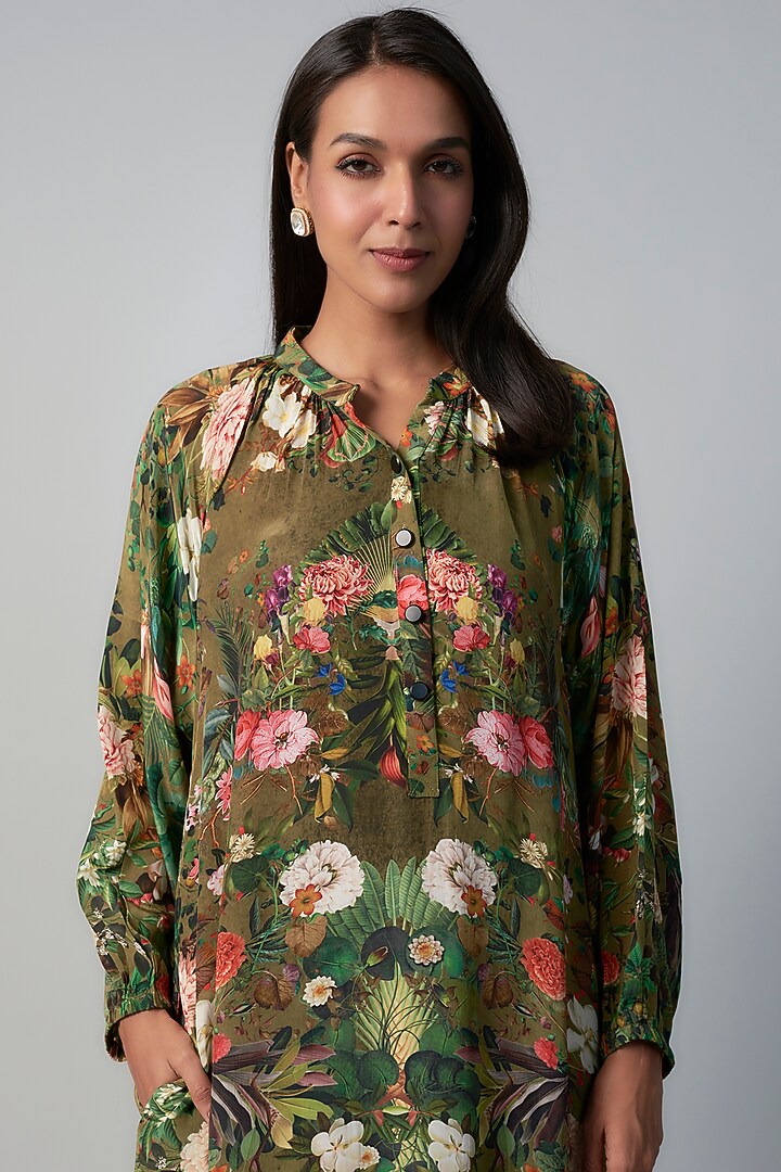 Olive Polyester Crepe Botanical Printed Midi Vacation Dress by Rocky Star at Pernia's Pop Up Shop