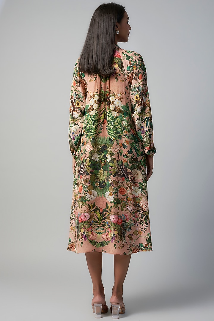 Pink Polyester Crepe Botanical Printed Midi Vacation Dress by Rocky Star at Pernia's Pop Up Shop