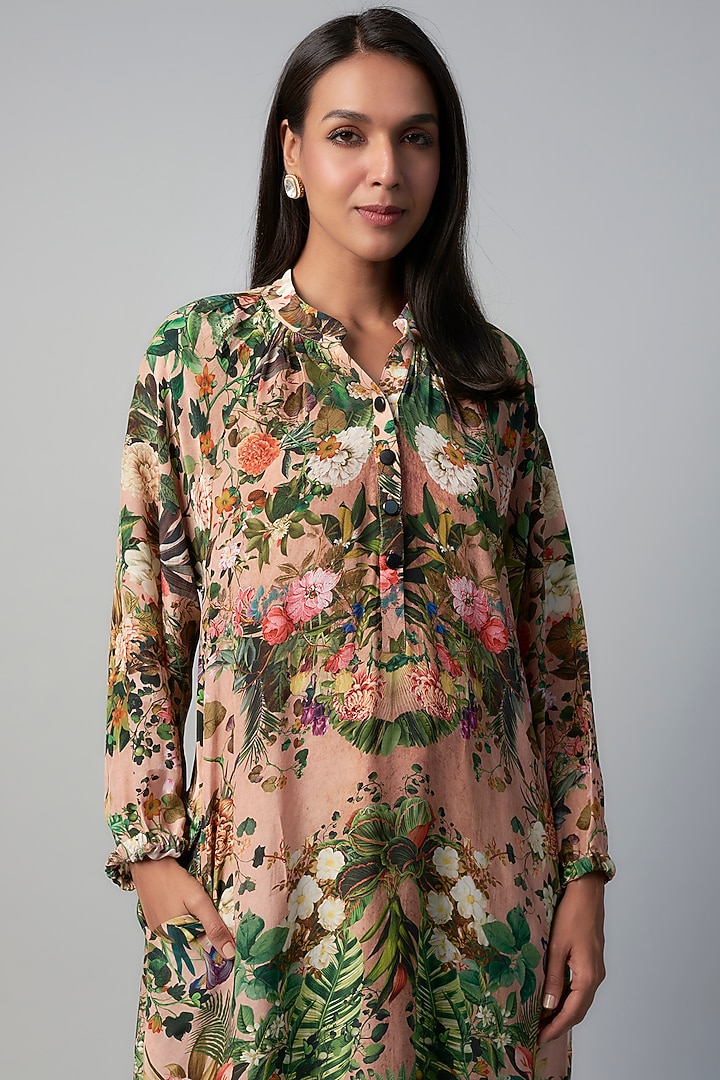 Pink Polyester Crepe Botanical Printed Midi Vacation Dress by Rocky Star at Pernia's Pop Up Shop
