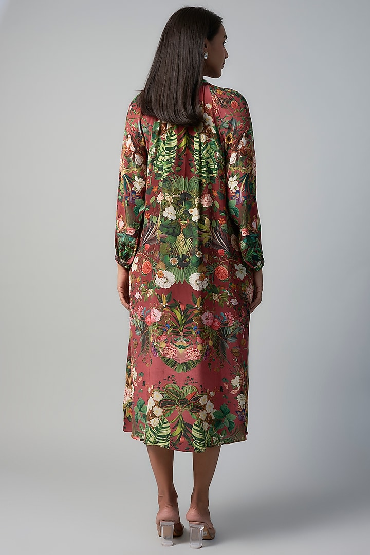 Wine Polyester Crepe Botanical Printed Midi Vacation Dress by Rocky Star at Pernia's Pop Up Shop