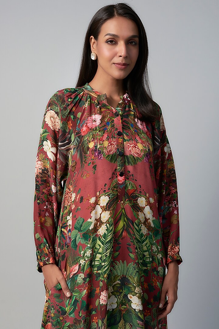 Wine Polyester Crepe Botanical Printed Midi Vacation Dress by Rocky Star at Pernia's Pop Up Shop