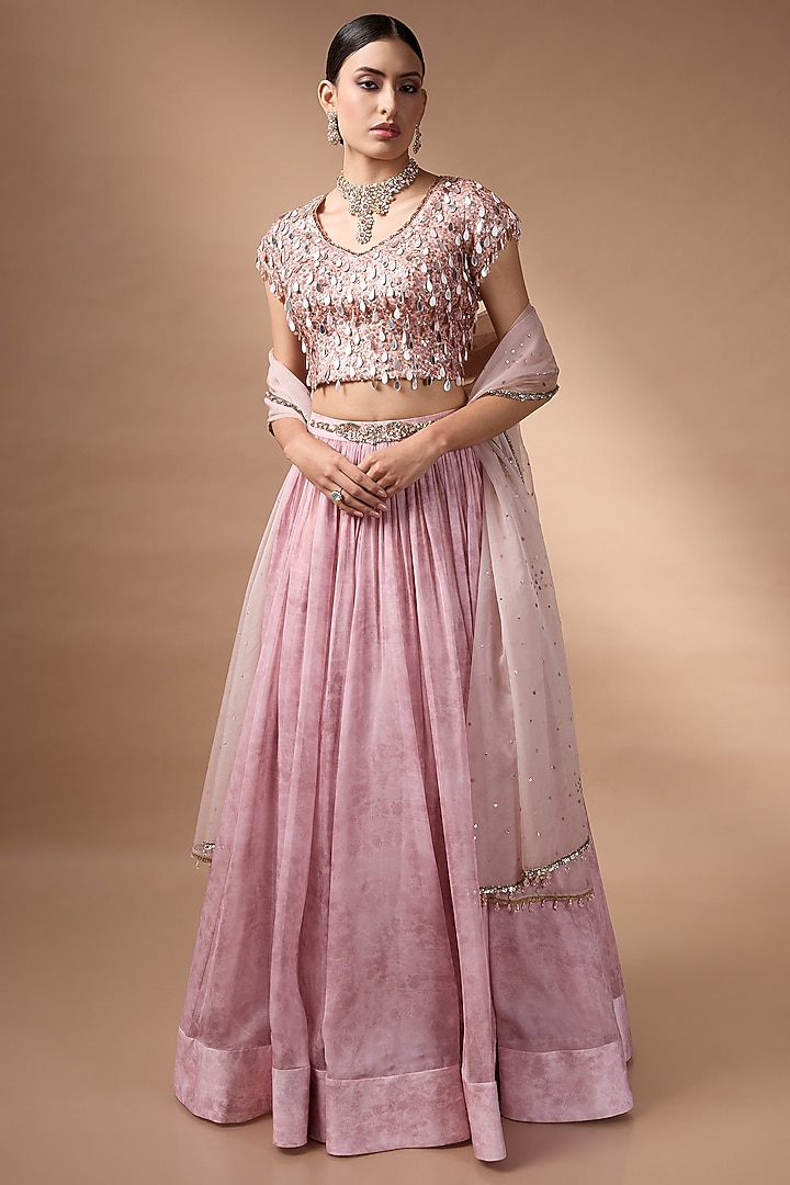 Blush Pink Organza Printed Wedding Lehenga Set by Rocky Star at Pernia's Pop Up Shop